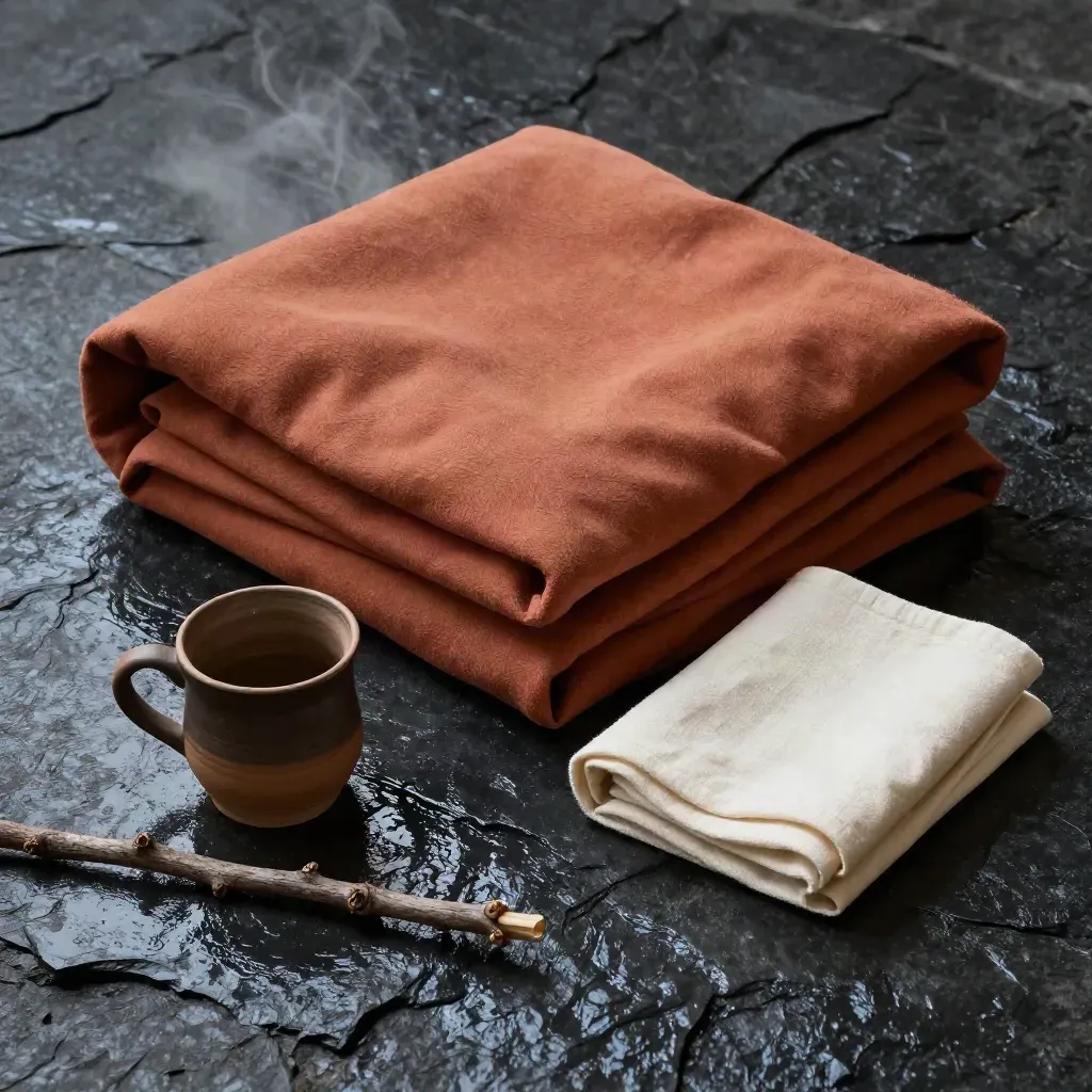 Manta terracota sobre piedra húmeda con taza de barro y rama seca, luz dramática.