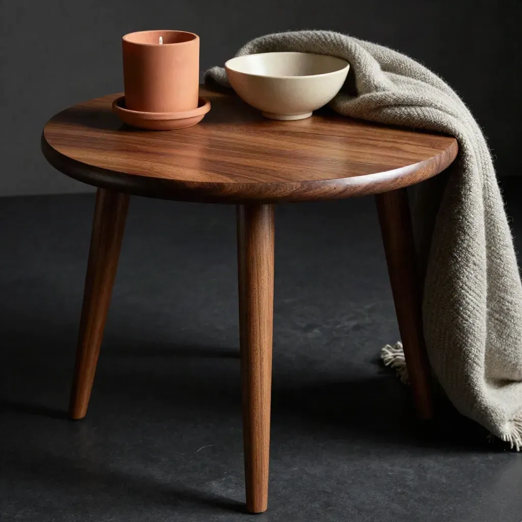 Mesa auxiliar de nogal con vela terracota, cuenco y manta en estudio oscuro y dramático.