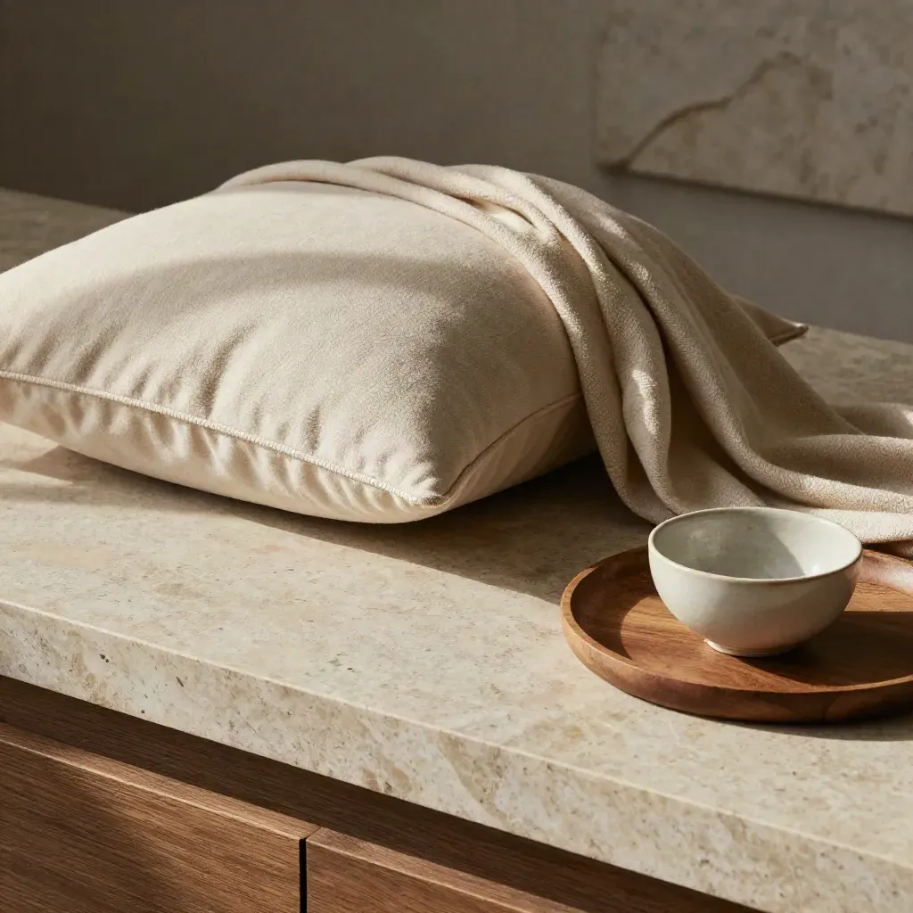 Cojín bordado beige con manta doblada y cuenco cerámico sobre travertino, en luz suave.